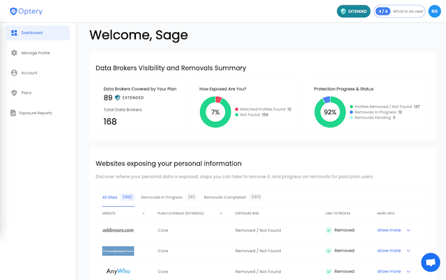 Optery Data Broker Opt Out Dashboard