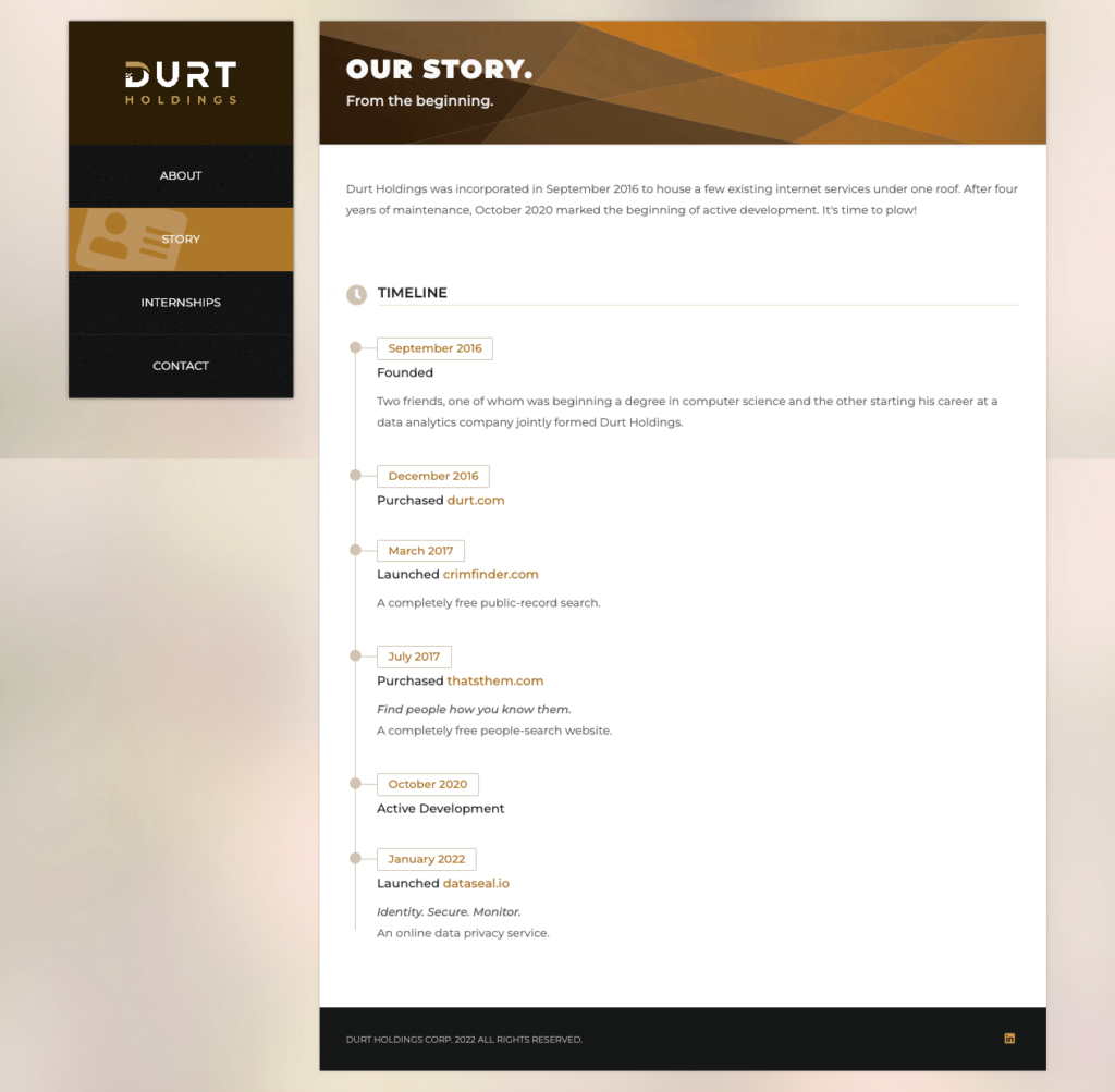 The data privacy service DataSeal shares that they are run by the same team as the data broker ThatsThem. The parent company's name is "Durt Holdings" and their tag line is "Diggin' up Dirt on the Web", which they post to their web site ThatsThem.com ... apparently, unless you pay them to have it removed.